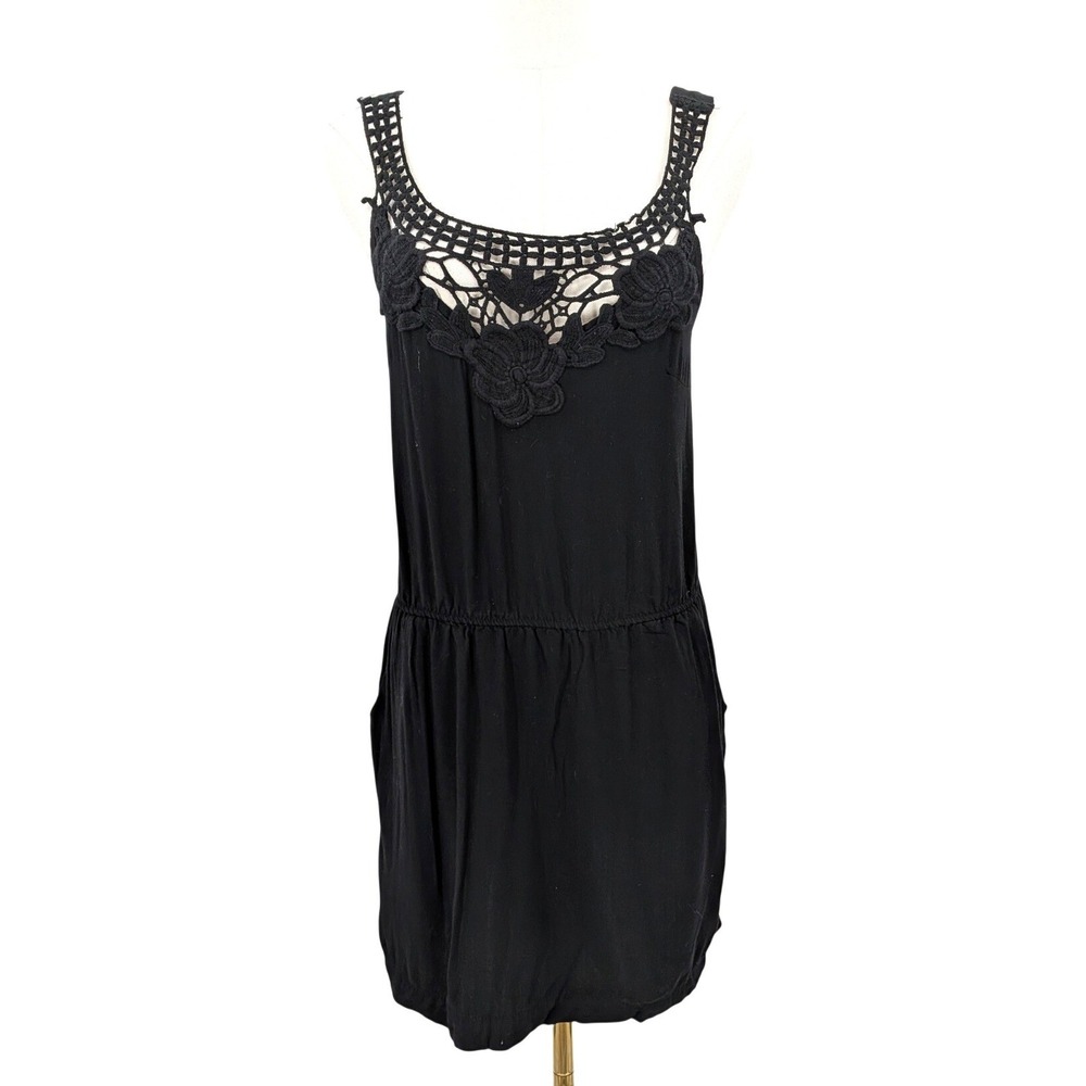 Imagine Voyage Black Crochet Lace Boho Mini Dress with Pockets Cottagecore Sz M‎